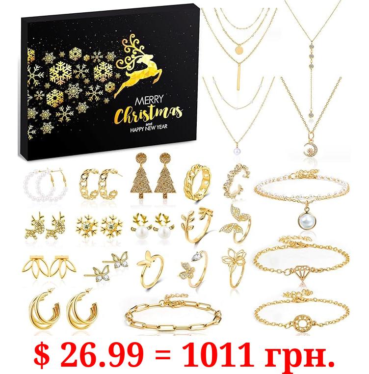 Jewelry Advent Calendar 2023 for Adult Women Teen Girls, 24 Day Christmas Countdown Calendar with Gold Earrings, Necklaces, Bracelets, and Rings, Xmas Surprise Gift for Wife Daughter Girlfriend