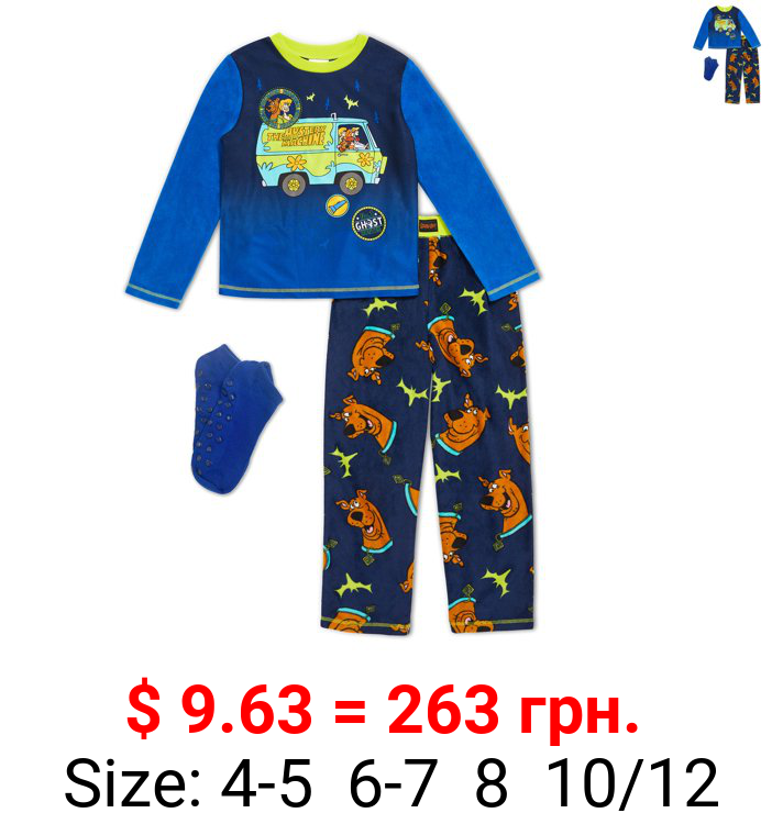 Scooby Doo Boys Long Sleeve Long Pant 3-Piece Pajama Set with Sock, Sizes 4-12