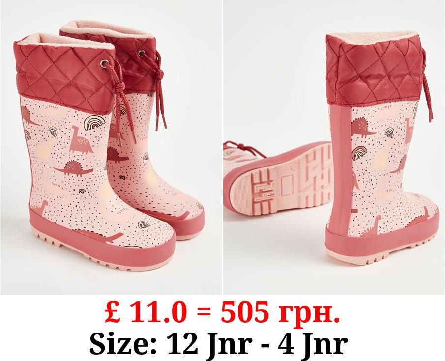 Pink Cuffed Dinosaur Wellington Boots