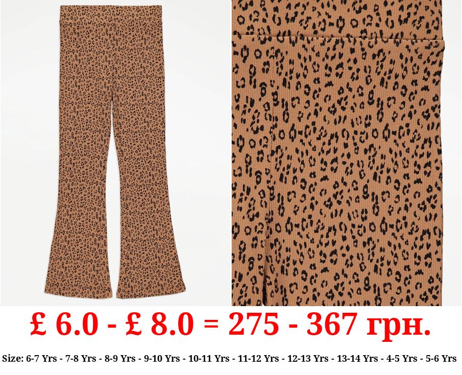 Tan Leopard Ribbed Flared Trousers