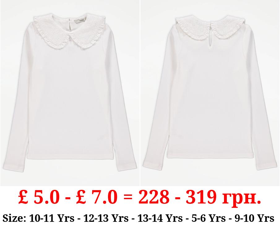 White Broderie Collar Ribbed Long Sleeve Top