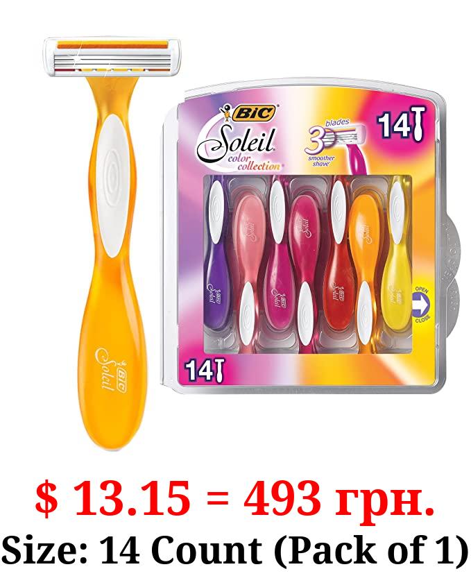 BIC Soleil Smooth Colors Women's Disposable Razors With Aloe Vera and vitamin E Lubricating Strip for Enhanced Glide, With 3 Blades, 14 Count