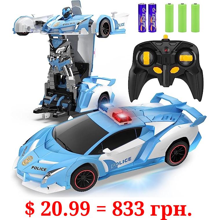 Transforming Police Car RC Toy, 1:18 Scale with Flashing Lights, 360° Rotation - For Kids Age 4-12