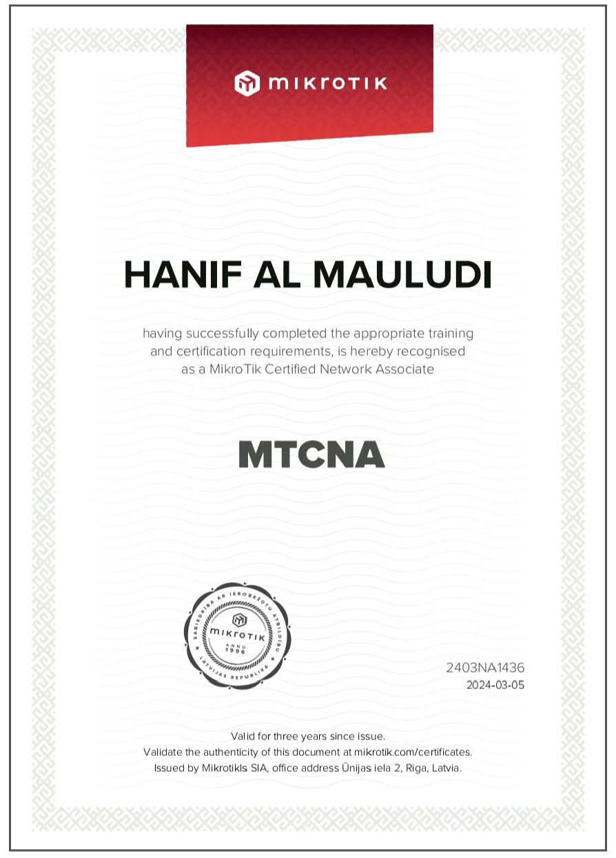 Hanif Al Mauludi - Certificate MTCNA Mikrotik