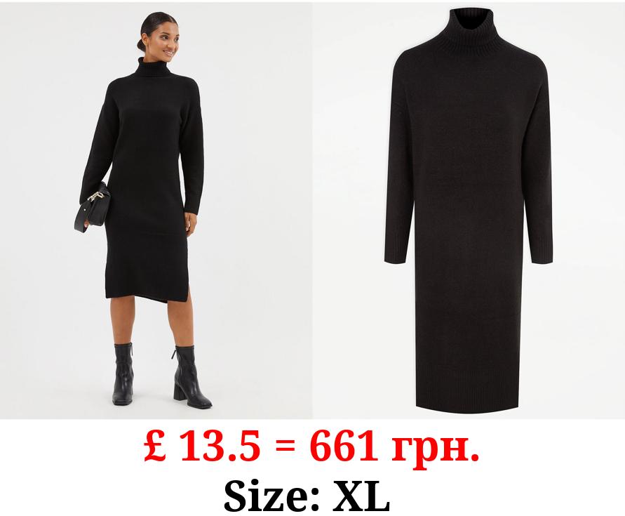 Black Roll Neck Knitted Midi Dress