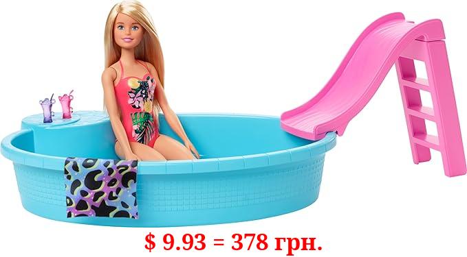 Barbie Doll, 11.5-inch Blonde, and Pool Playset with Slide and Accessories, For 3 to 7 Year Olds