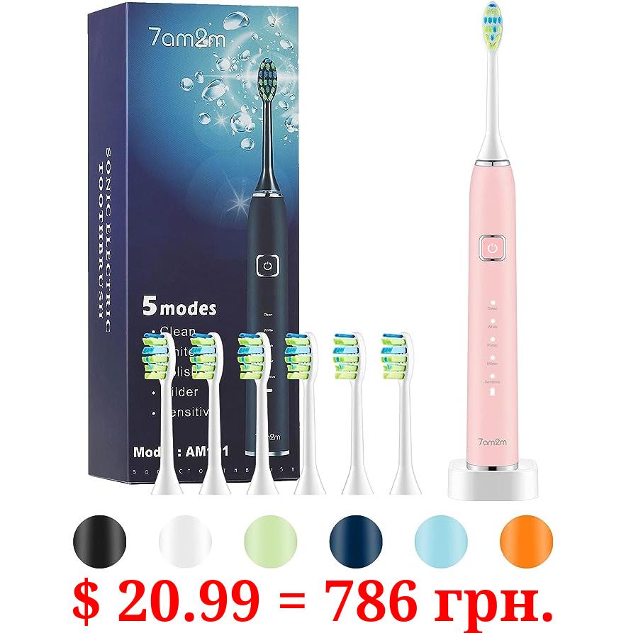 7AM2M Sonic Electric Toothbrush with 6 Brush Heads for Adults and Kids, One Charge for 90 Days, Wireless Fast Charge, 5 Modes with 2 Minutes Built in Smart Timer, Electric Toothbrushes(Pink)