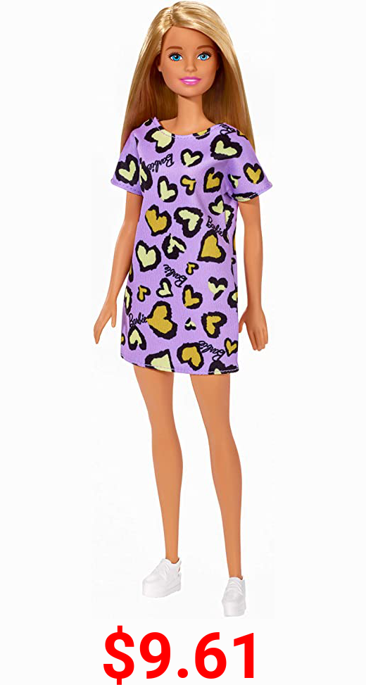 ​Barbie Doll, Blonde, Wearing Purple and Yellow Heart-Print Dress and Platform Sneakers, for 3 to 7 Year Olds