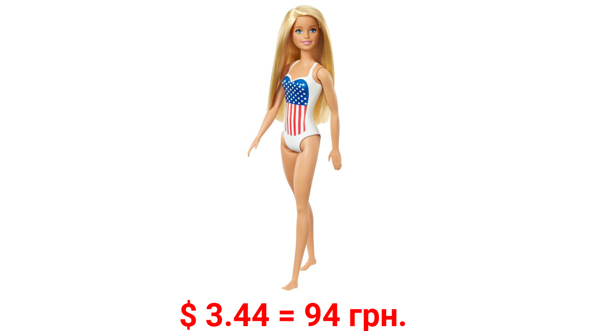 Barbie Beach Doll, Blonde Hair, with USA Flag Swimsuit