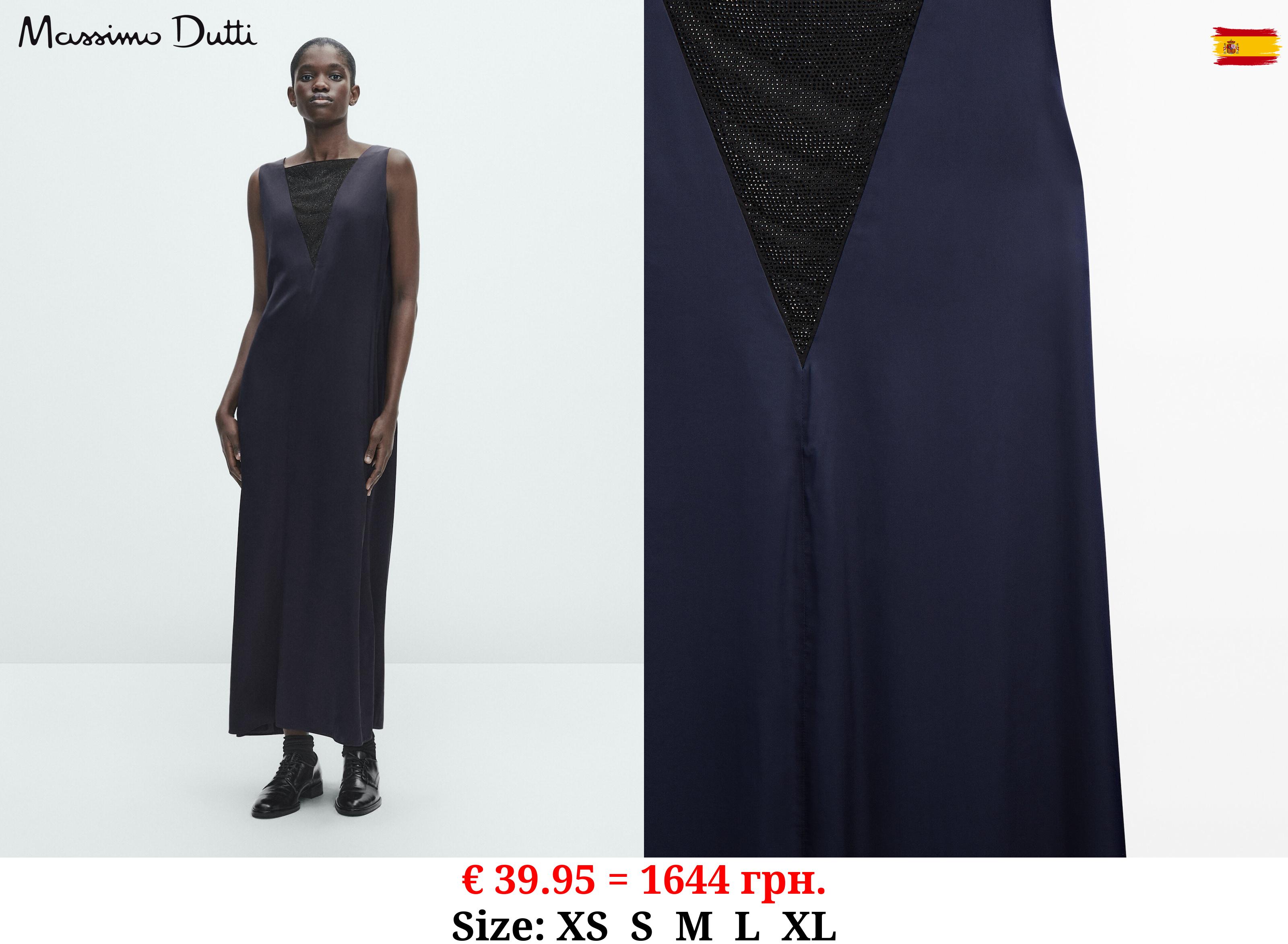 Long satin dress with rhinestone neckline Dark Blue