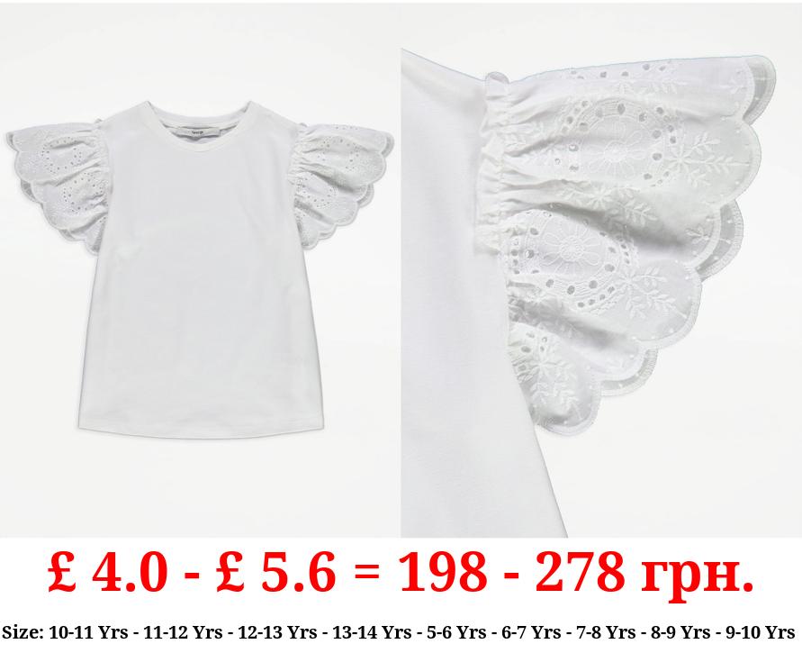 White Broderie Frill Sleeve T-Shirt