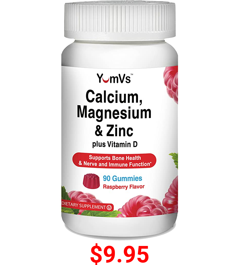 Calcium, Magnesium, Zinc & Vitamin D Gummies by YumVs | Chewable Supplement for Adults Women & Men | Kosher Halal Gummys | Natural Raspberry Flavor Gummies - 90 Count