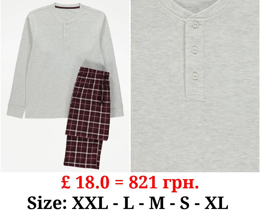 Checked Waffle Texture Long Sleeve Pyjamas Gift Set