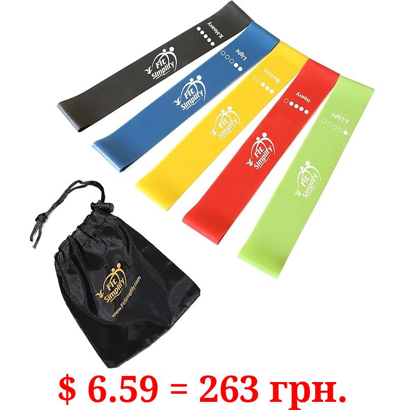 Fit Simplify Resistance Loop Exercise Bands with Instruction Guide and Carry Bag, Set of 5