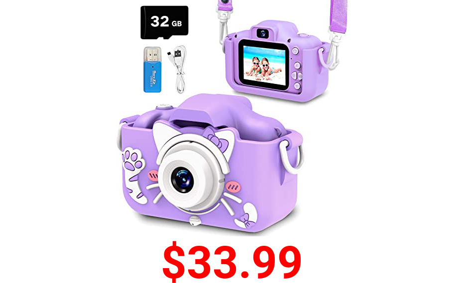 Goopow Kids Selfie Camera, Christmas Birthday Gifts for Girls Age 3-9, Digital Video Cameras for Toddler, Portable Toy for 3 4 5 6 7 8 9 Year Old Girl with 32GB SD Card (Purple-Cat)