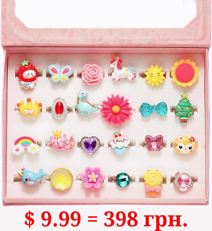 PinkSheep Little Girl Jewel Rings in Box, Adjustable, No Duplication, Girl Pretend Play and Dress Up Rings (24 Lovely Ring)