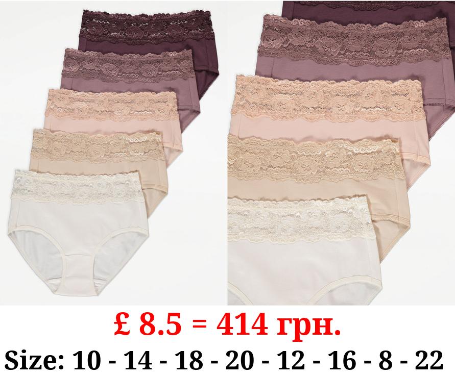 Neutral Lace Top Midi Knickers 5 Pack