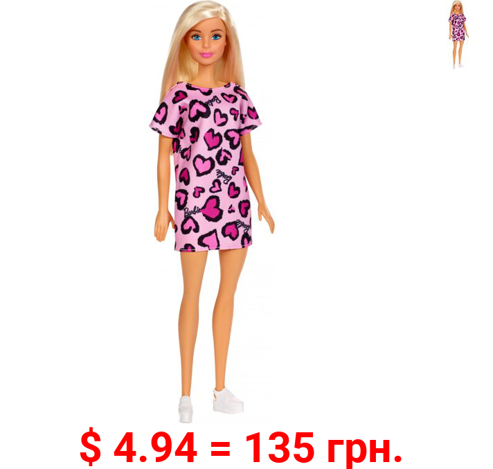 Barbie Doll, Blonde, Wearing Pink Heart-Print Dress And Shoes