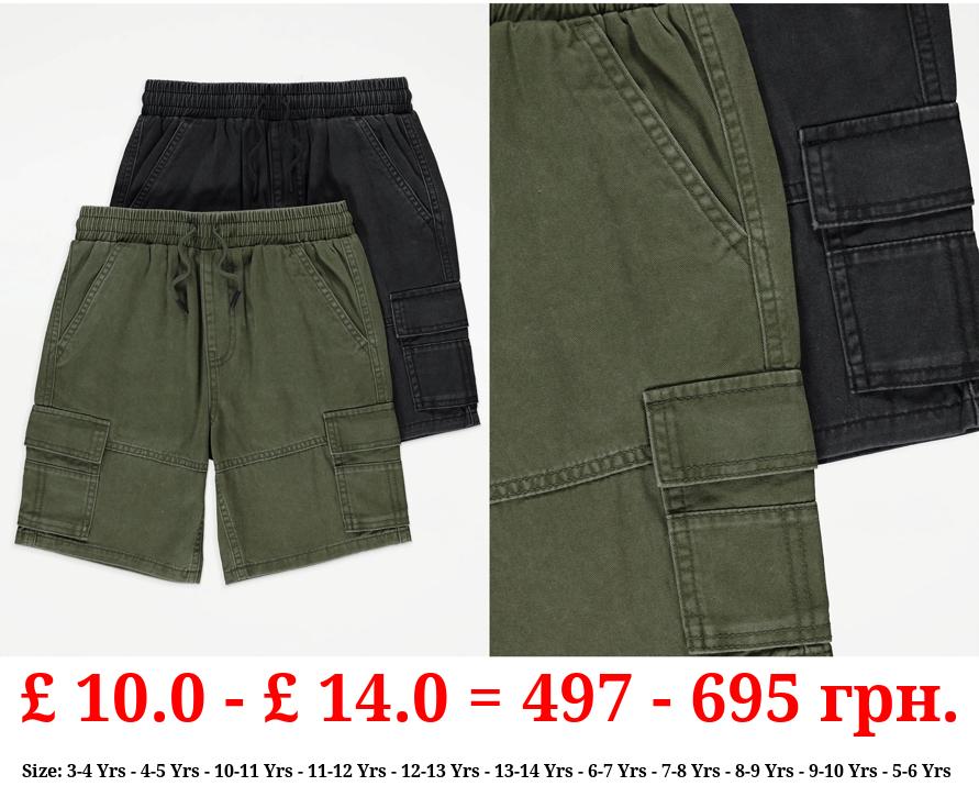 Khaki Denim Pull On Cargo Shorts 2 Pack