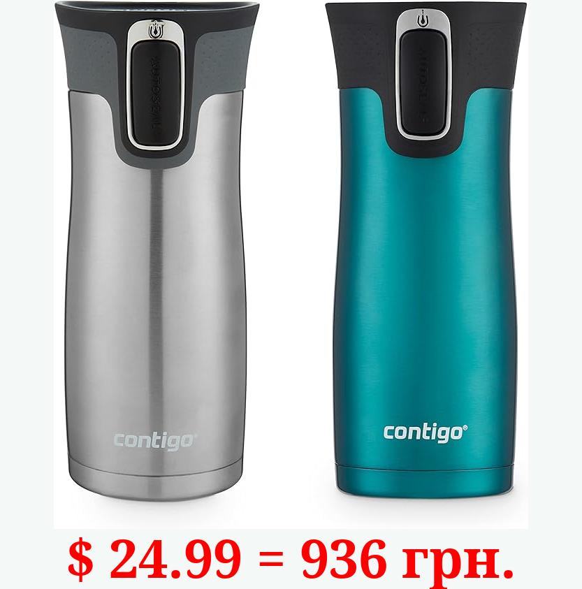 Contigo West Loop Stainless Steel Vacuum-Insulated Travel Mug with Spill-Proof Lid, Keeps Drinks Hot up to 5 Hours and Cold up to 12 Hours, 16oz 2-Pack, Spirulina & Steel