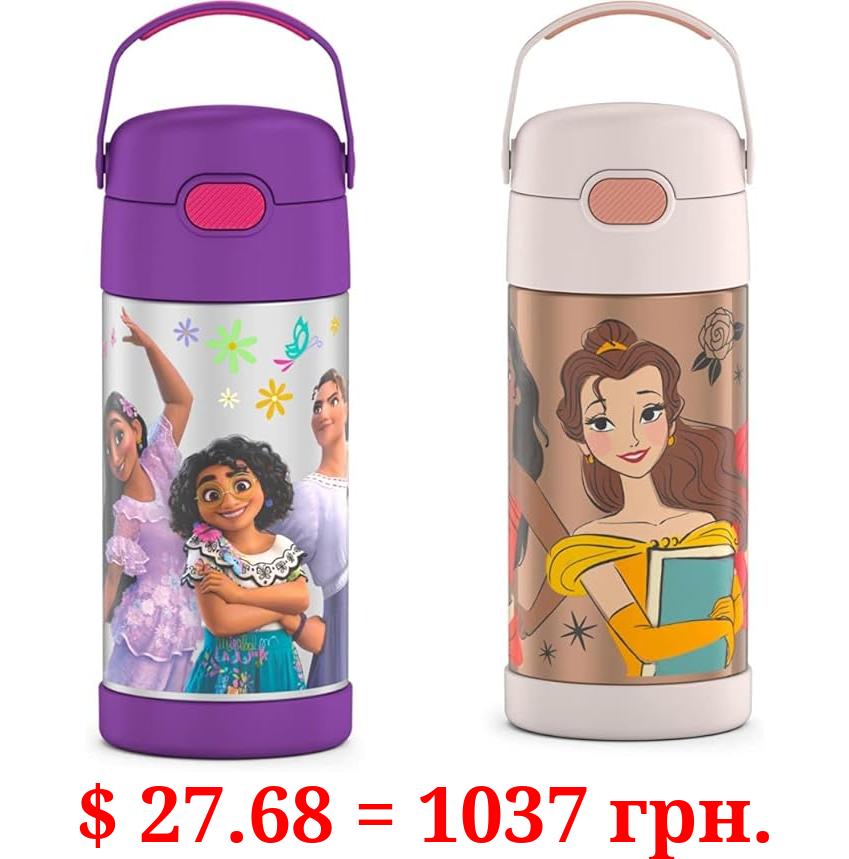 THERMOS FUNTAINER 12 Ounce Stainless Steel Vacuum Insulated Kids Straw Bottle, Encanto & FUNTAINER 12 Ounce Stainless Steel Vacuum Insulated Kids Straw Bottle, Princess