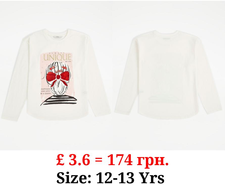 White Flip Sequin Slogan Long Sleeve Top