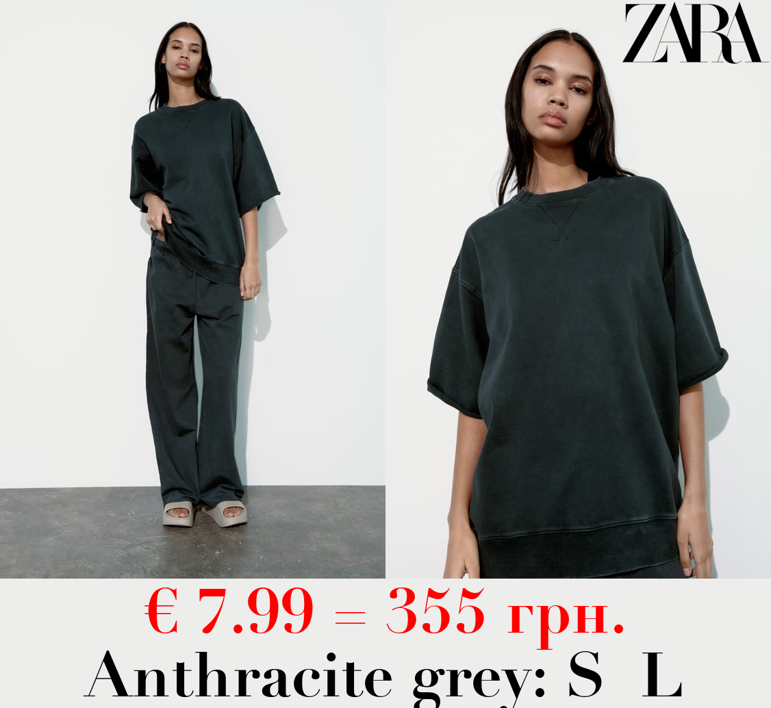 FADED-EFFECT SHORT SLEEVE PLUSH SWEATSHIRT