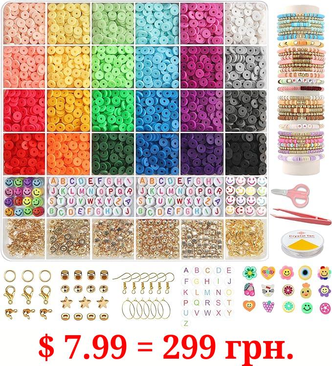 YMSDZHL 6000+ Pieces Bracelet Making Kit 24 Colors Round Flat Polymer Clay Beads Kit with Round Alphabet Beads and Crystal Lines, Jewelry Accessories, Friendship for Charming Girls
