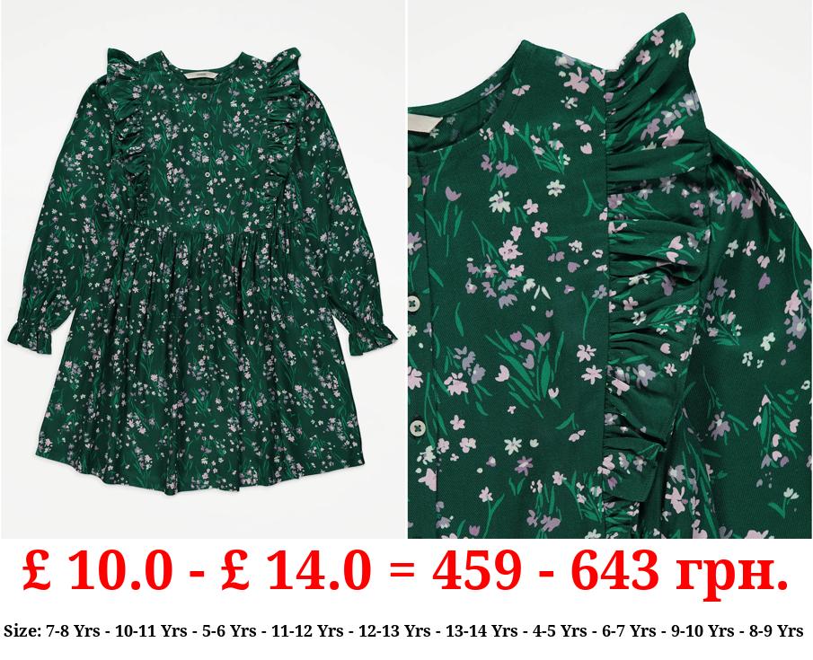 Green Spring Floral Ruffle Dress