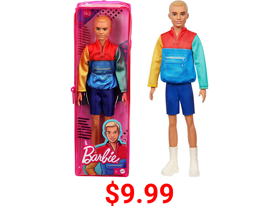 Barbie Ken Fashionistas Doll #163, Slender with Sculpted Blonde Hair Wearing Color-Blocked Jacket-Style Top, Blue Shorts & White Boots, Toy for Kids 3 to 8 Years Old