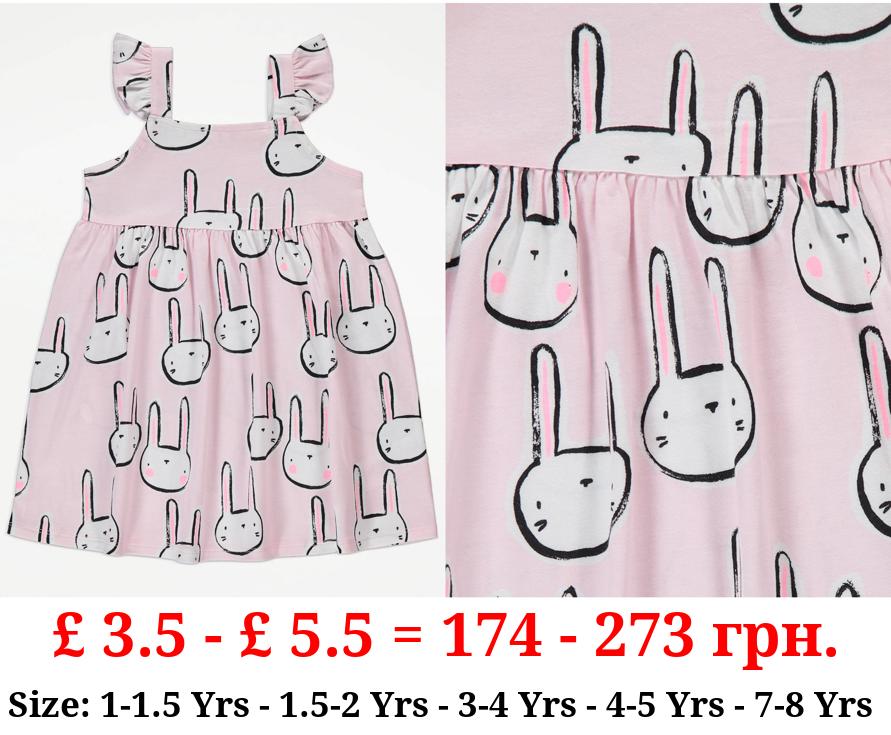 Pink Bunny Print Frill Sleeve Dress
