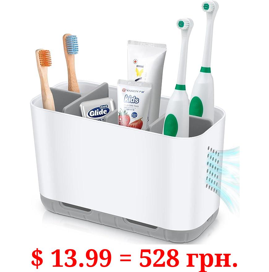 Boperzi Toothbrush and Toothpaste Holder Drainage for Bathroom Countertop with Adjustable Dividers, Large Toothpaste Caddy Organizer Storage Rustic Anti-Slip for Shower, Kitchen, Family, Kids Gray