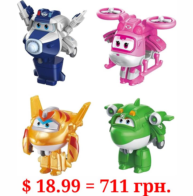 Super Wings 2" Transform-a-Bot 4-Pack, Supercharged Paul, Dizzy, Golden Boy, Mira, Airplane Toys Mini Action Figures, Preschool Toys for 3 4 5 Year Old Kids, Transformer Toys Birthday Gifts for Kids