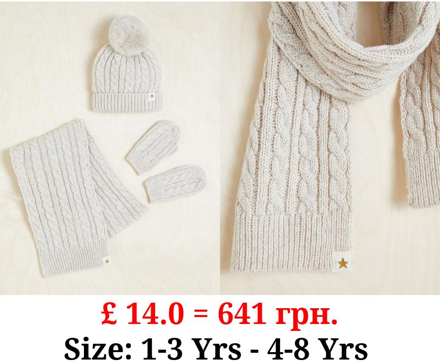Billie Faiers Neutral Knitted Pom Pom Hat Scarf and Mittens Set