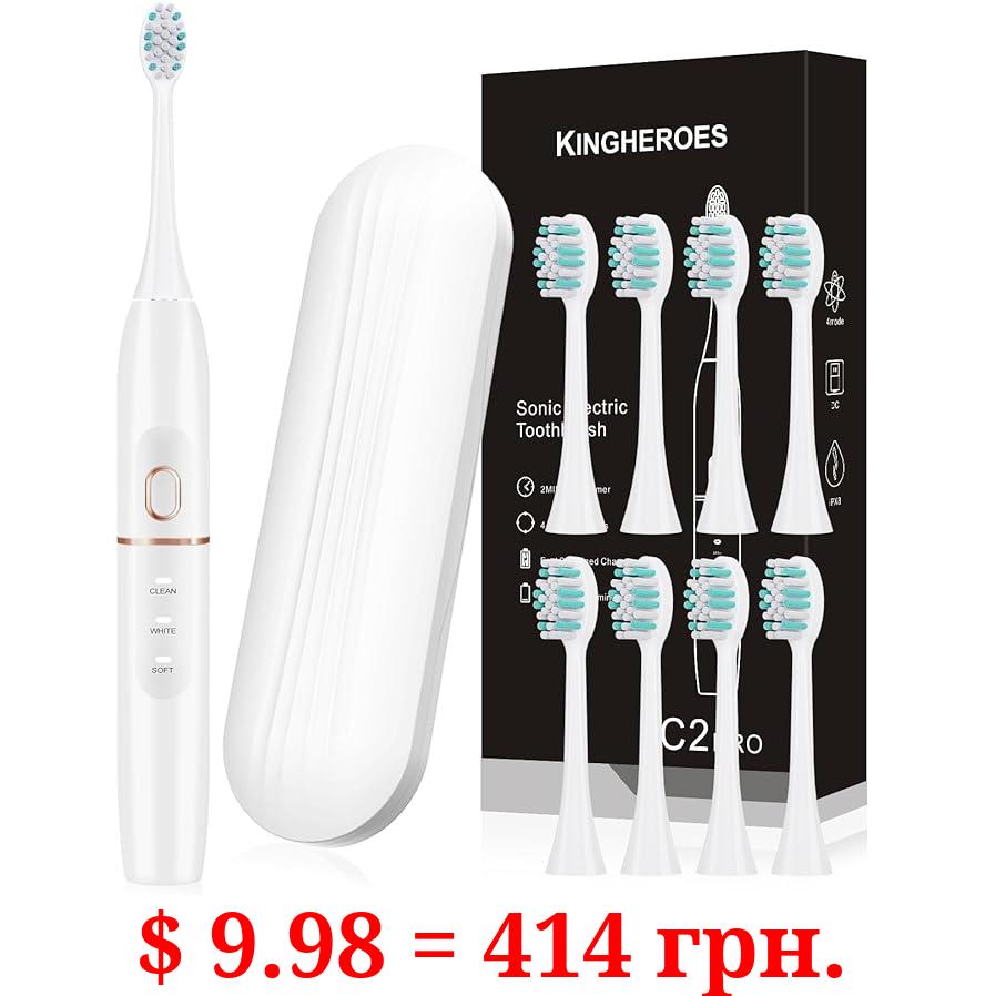 kingheroes Electric Toothbrush Set, Comes with 8 Brush Heads & Travel Case,4 Modes with 2 Minutes Built in Smart Timer, One Charge for 60 Days, 42000 VPM Motor (White)