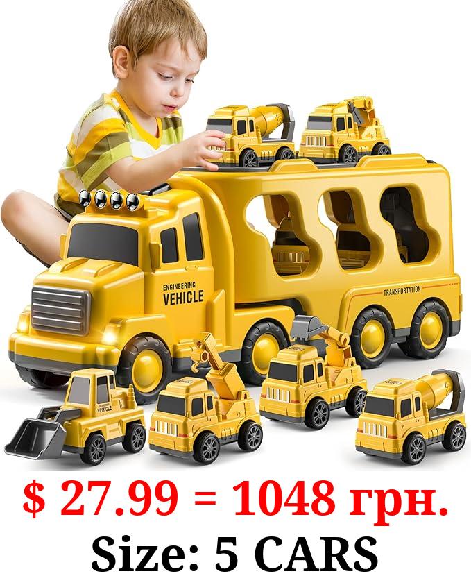 TEMI Construction Toddler Truck Toys for 3 4 5 6 Year Old Boys - 5-in-1 Friction Power Vehicle Car Toy for Toddlers 1-3, Carrier Toys for Kids 3-5, Christmas Birthday Gifts for Girls Age 3-9