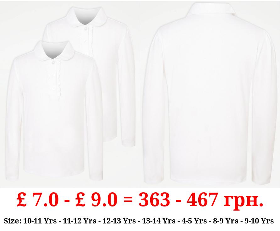Girls White Stretch Ruffle School Polo Shirt 2 Pack