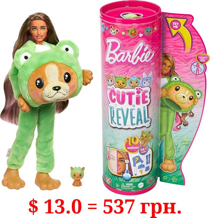 Barbie Cutie Reveal Doll & Accessories with Animal Plush Costume & 10 Surprises Including Color Change, Puppy as Frog in Costume-Themed Series