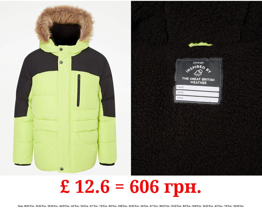 Lime Green Faux Fur Trim Hooded Padded Coat