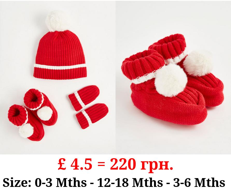 Red Bobble Beanie Hat Mittens and Booties Set