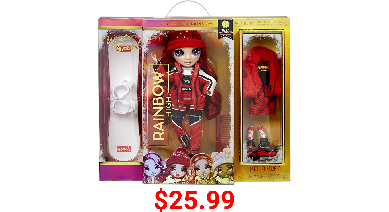 Rainbow High Winter Break Ruby Anderson – Red Fashion Doll and Playset with 2 Designer Outfits, Snowboard and Accessories