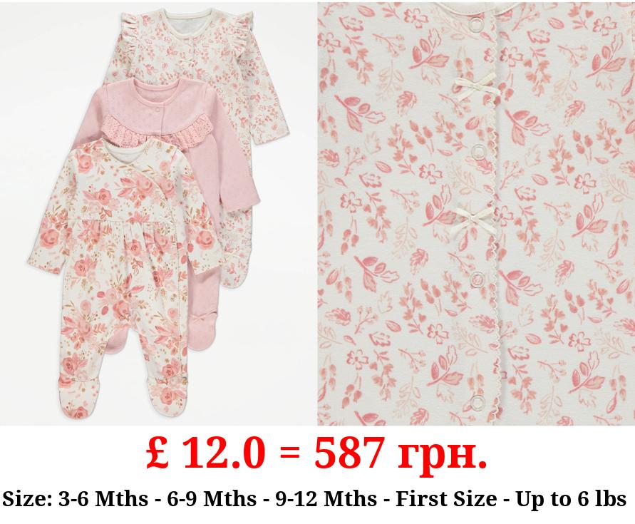 Pink Floral Frill Sleepsuit 3 Pack