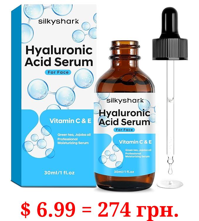 SilkyShark Pure Hyaluronic Acid Serum for Face (30ml/1 fl.oz), Anti Aging Face Serum Intense Hydration Moisture Nongreasy, Non-Comedogenic & Fragrance-Free, Wrinkle Reducing and Brightening Serum