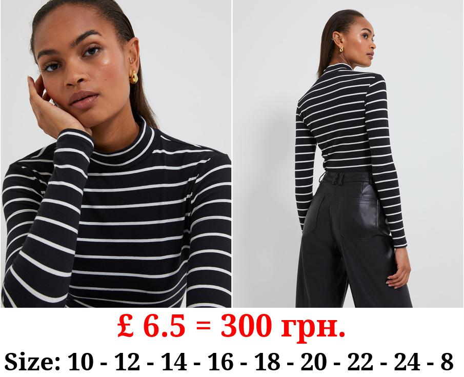 Black Stand Collar Striped Long Sleeve Top