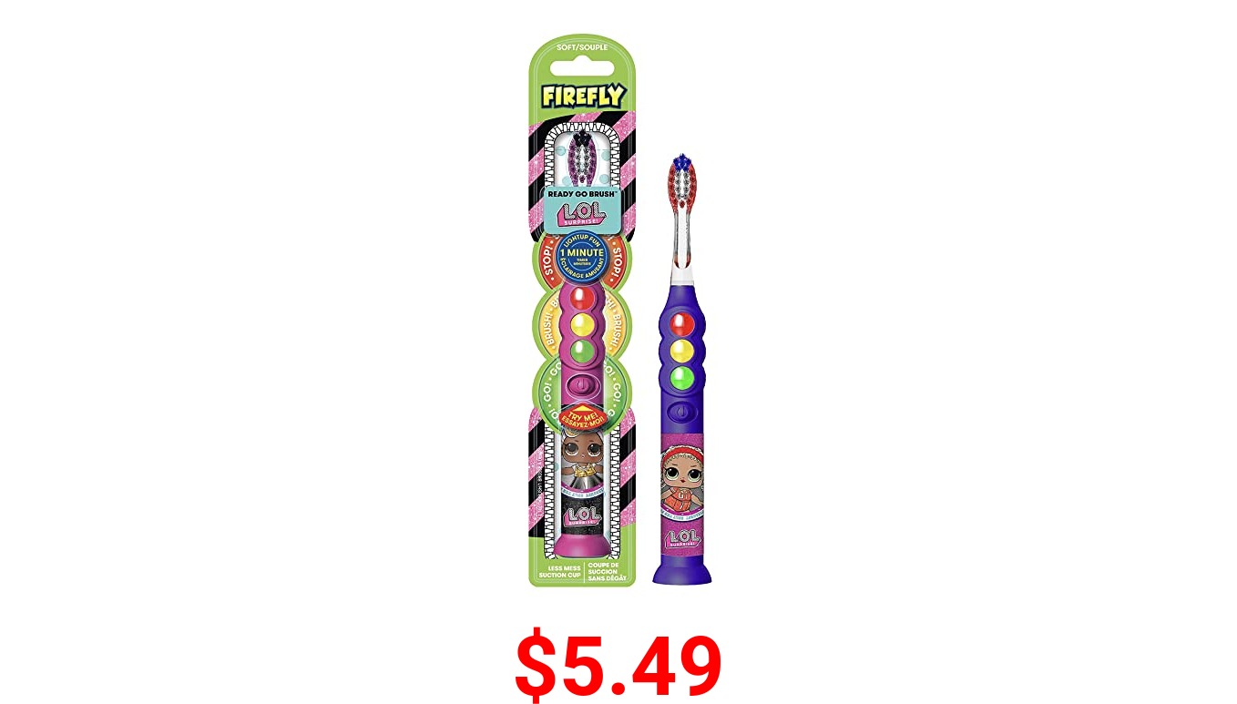 Firefly Ready Go Light Up Timer Toothbrush, L.O.L. Surprise!, Premium Soft Bristles, 1 Minute Timer, Less Mess Suction Cup, Battery Included, Easy Storage, Dentist Recommended, Ages 3+