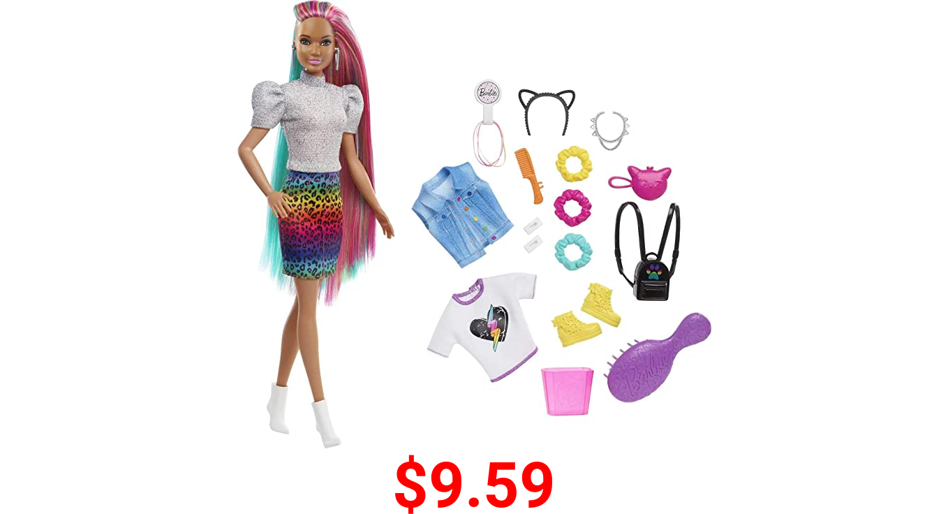 Barbie Leopard Rainbow Hair Doll (Brunette) with Color-Change Hair Feature, 16 Hair & Fashion Play Accessories Including Scrunchies, Brush, Fashion Tops, Cat Ears, Cat Purse & More