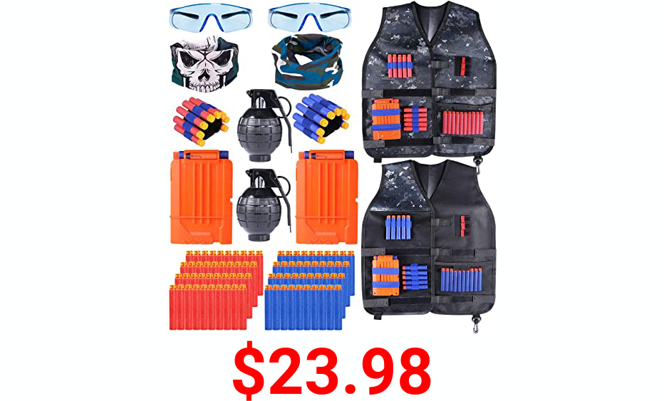 Tepsmigo 2 Pack Kids Tactical Vest Kit with Refill Darts, Reload Clips, Tactical Mask, Wrist Band, Protective Glasses and More for Boys and Girls