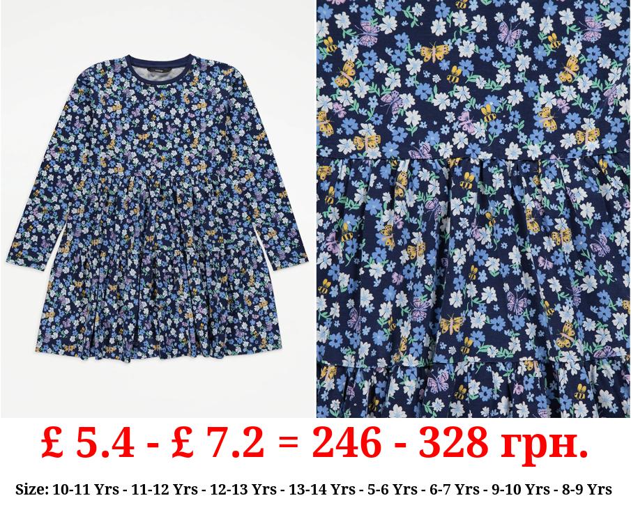 Blue Floral Print Long Sleeve Tiered Dress