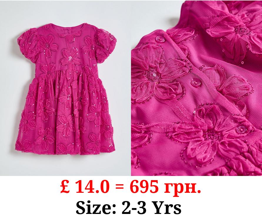 Pink Floral Embroidered Sequin Puff Sleeve Dress