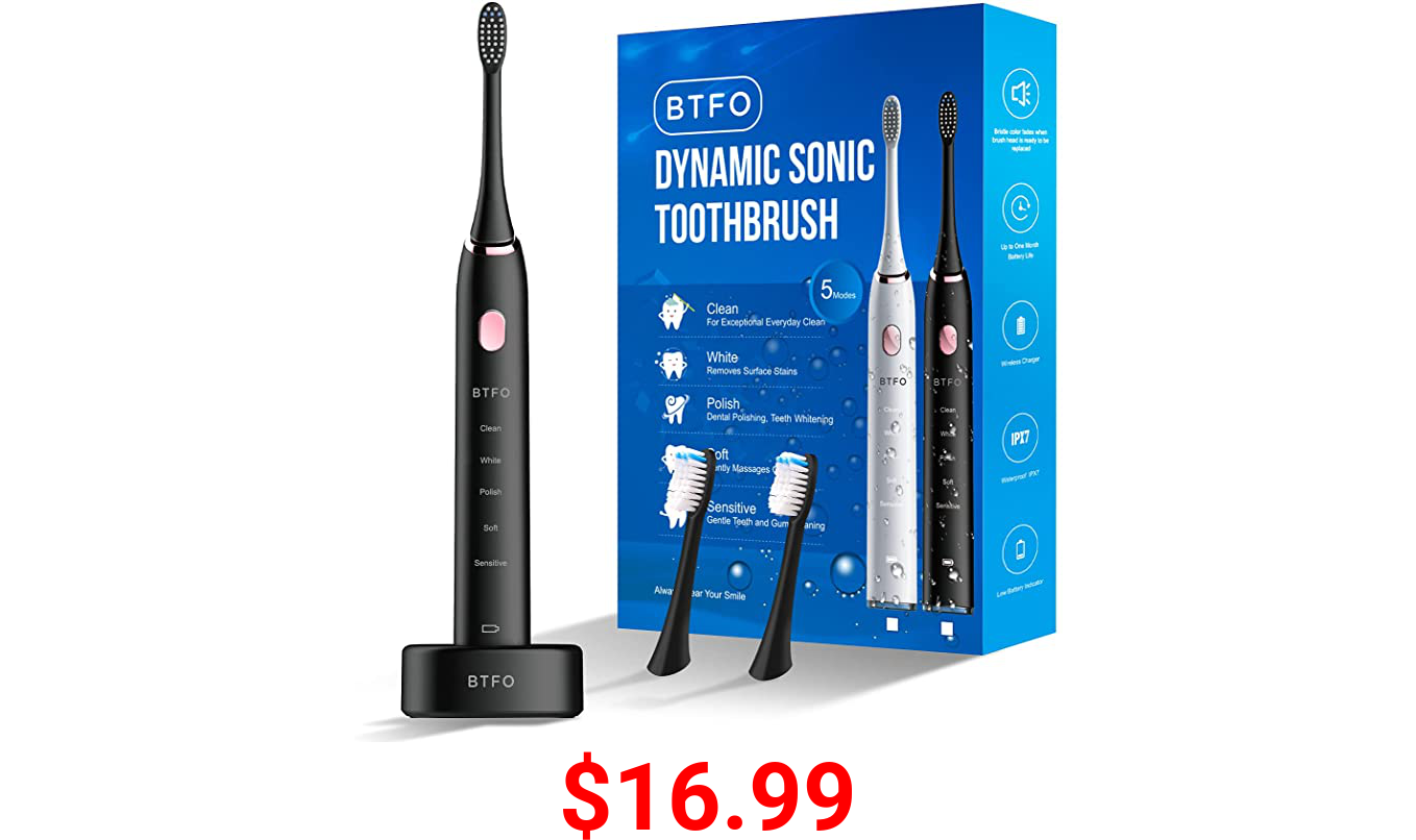 BTFO Sonic Electric Toothbrush with 5 Modes, 2pcs Replacement Brush Heads USB Rechargeable Smart Electronic Toothbrush with Holder for Adults IPX7 Waterproof Timing Fast Charging (Black, 1741-01)
